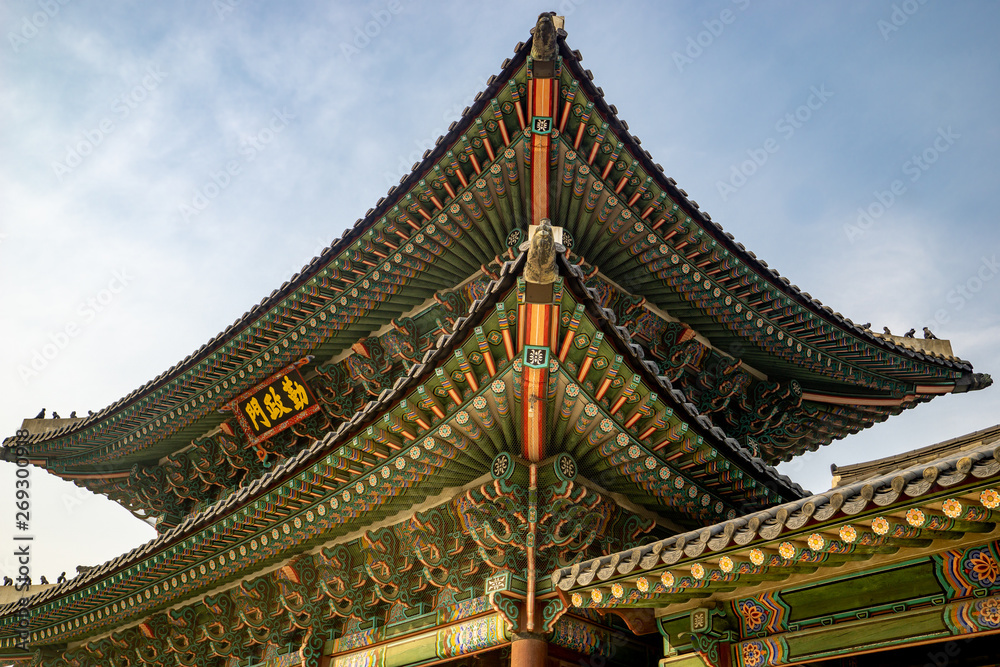 Naklejka premium Roof details of a pagoda in Gyeongbokgung Palace, a Joseon Dynasty era palace complex in Seoul, South Korea, dating from the 14th century