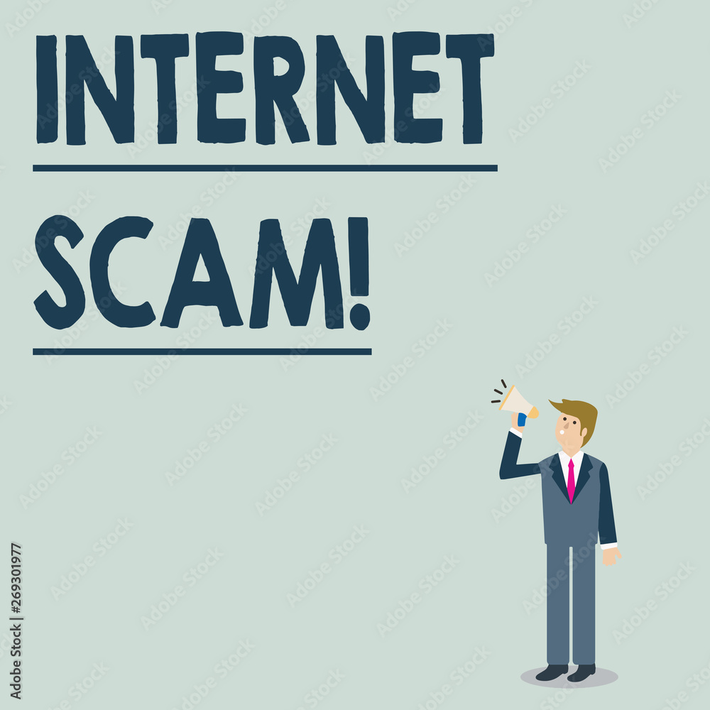 Conceptual hand writing showing Internet Scam. Concept meaning type of fraud or scam which makes use of the Internet Businessman Looking Up, Holding and Talking on Megaphone