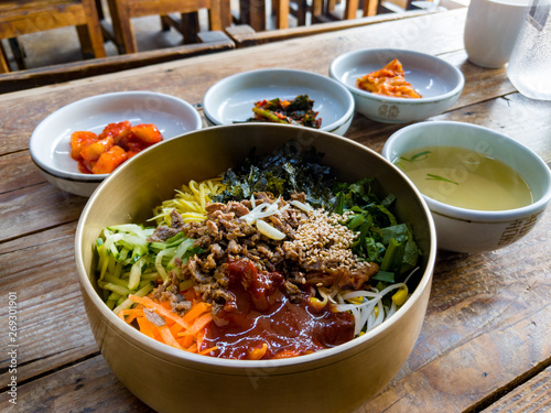 Traditional Korean bibimbap, a dish of rice, meat and vegetables, served in a hot stone bowl, in the town of Jeonju in South Korea