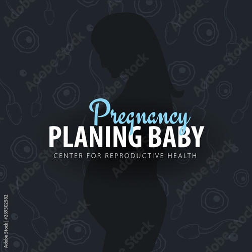 Pregnancy woman banner. In vitro fertilization. Artificial insemination. Hand draw sketch background with moving spermatozoons and female egg.