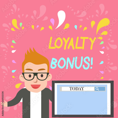 Word writing text Loyalty Bonus. Business photo showcasing reward such as money or points is given for a loyal customer Male Speaker Monitor with Search Tool on Screen Presentation or Report