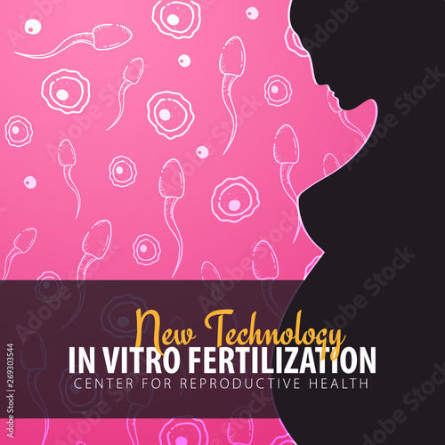 Pregnancy woman banner. In vitro fertilization. Artificial insemination. Hand draw sketch background with moving spermatozoons and female egg.