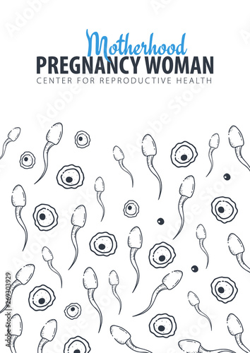 Pregnancy banner. In vitro fertilization. Artificial insemination. Hand draw sketch background with moving spermatozoons and female egg.