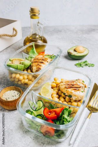 Grilled chicken and fresh vegetable salad. Healthy diet food concept. On a light background, top view