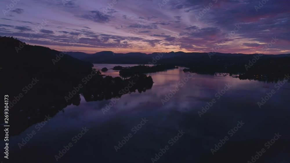 Drone Dark Lake Pull Back Boats, Windermere Sunrise Lake District Drone Dark Lake Pull Back Boats, Windermere Sunrise Lake District