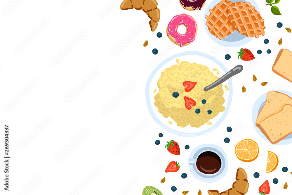 Naklejka premium Still life with breakfast in a flat doodle style top view And with place for text vector illustration
