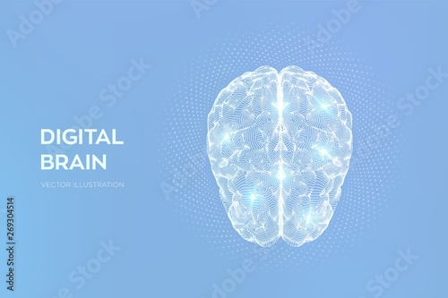 Brain. Digital brain with binary code. 3D Science and Technology concept. Neural network. IQ testing, artificial intelligence virtual emulation science technology. Vector illustration.