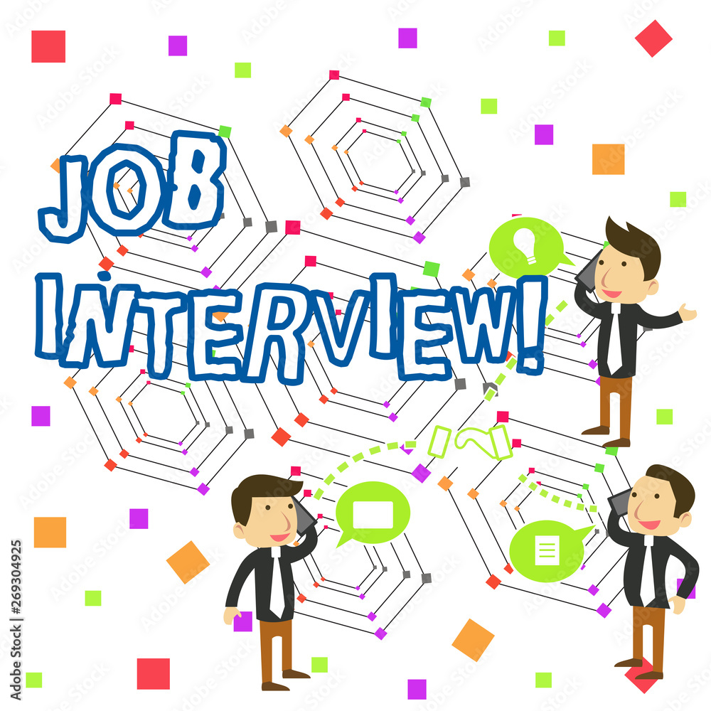 Handwriting text writing Job Interview. Conceptual photo meeting in which an employer asks the applicant about the job Businessmen Coworkers Conference Call Conversation Discussion Mobile Phones Handwriting text writing Job Interview. Conceptual photo meeting in which an employer asks the applicant about the job Businessmen Coworkers Conference Call Conversation Discussion Mobile Phones