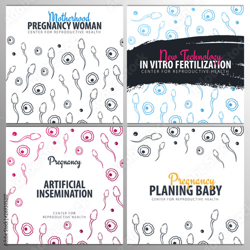 Set of Pregnancy banners. In vitro fertilization. Artificial insemination. Hand draw sketch background with moving spermatozoons and female egg.