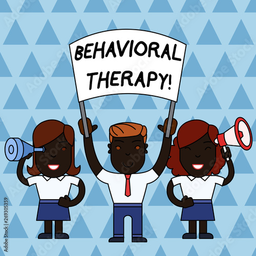 Text sign showing Behavioral Therapy. Business photo text help change potentially selfdestructive behaviors People with Blank Banner, Megaphone and Spy Glass Peaceful Demonstration photo