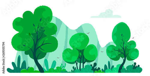 Fantastic and cute forest with texture on the background of mountains. Vector illustration of nature on white background.