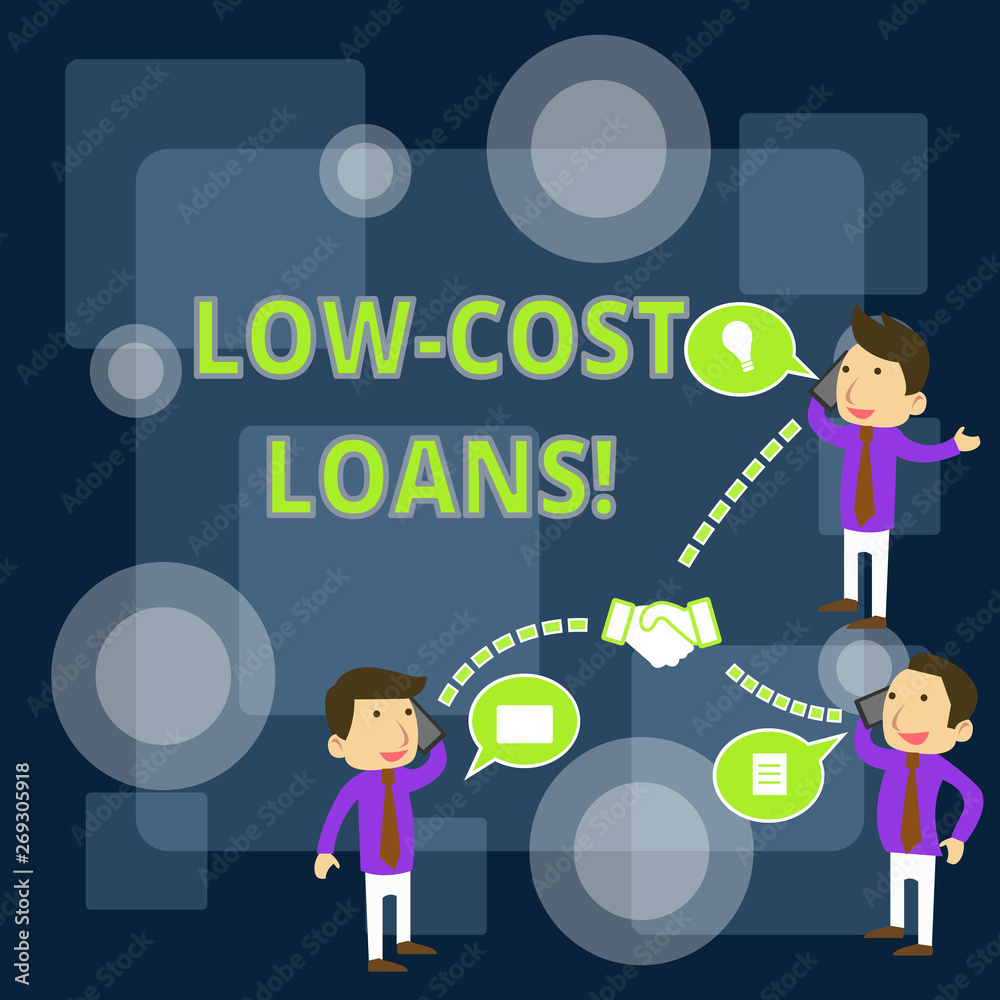 Writing note showing Low Cost Loans. Business concept for loan that has an interest rate below twelve percent Businessmen Coworker Conference Call Discussion Mobile Phone Writing note showing Low Cost Loans. Business concept for loan that has an interest rate below twelve percent Businessmen Coworker Conference Call Discussion Mobile Phone