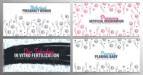 Set of Pregnancy banners. In vitro fertilization. Artificial insemination. Hand draw sketch background with moving spermatozoons and female egg.