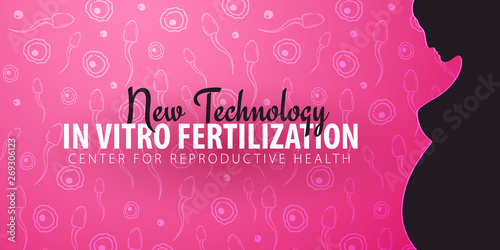 Pregnancy woman banner. In vitro fertilization. Artificial insemination. Hand draw sketch background with moving spermatozoons and female egg.