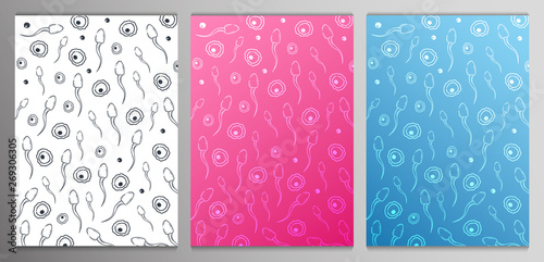 Set of Medical and healthcare backgrounds with moving spermatozoons and female egg. Hand draw sketch background.