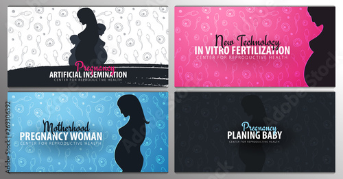 Set of Pregnancy banners. In vitro fertilization. Artificial insemination. Hand draw sketch background with moving spermatozoons and female egg.