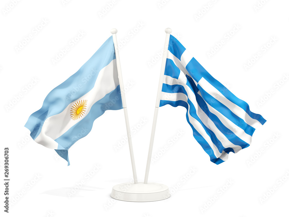 Fototapeta premium Two waving flags of Argentina and greece isolated on white