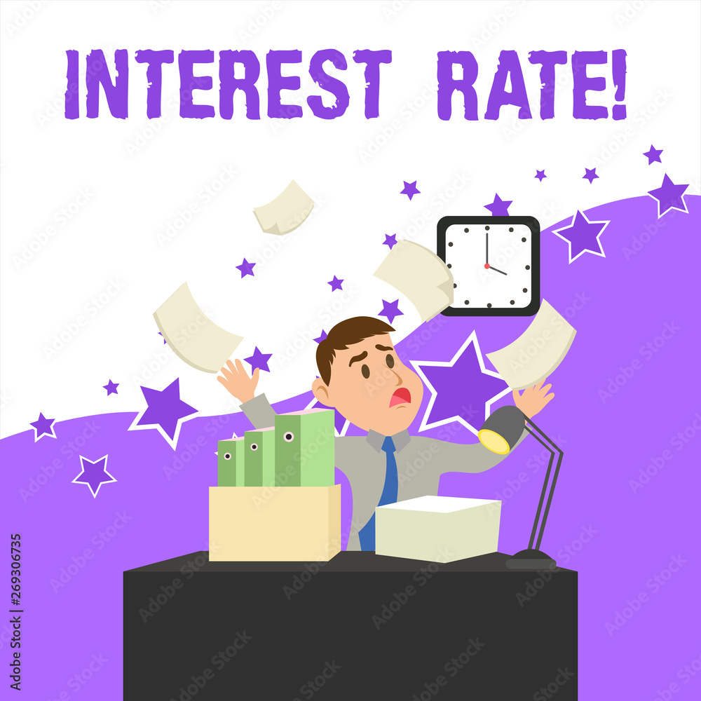 Text sign showing Interest Rate. Business photo showcasing percentage of principal charged by the lender to borrower Confused Male Employee Manager Cluttered Workspace Overflow Time Shortage Text sign showing Interest Rate. Business photo showcasing percentage of principal charged by the lender to borrower Confused Male Employee Manager Cluttered Workspace Overflow Time Shortage