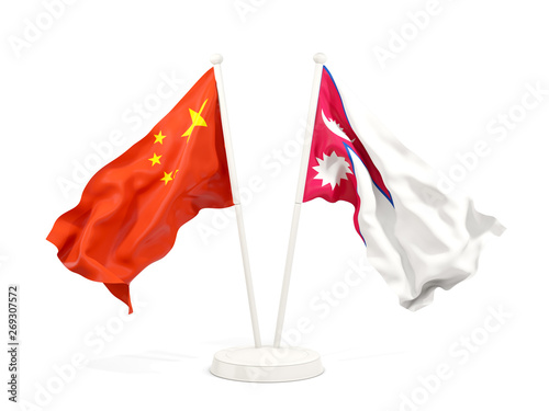 Two waving flags of China and nepal isolated on white