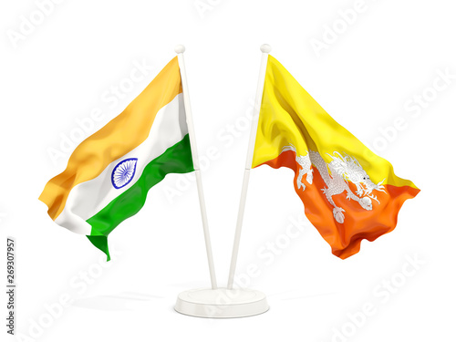 Two waving flags of India and bhutan isolated on white