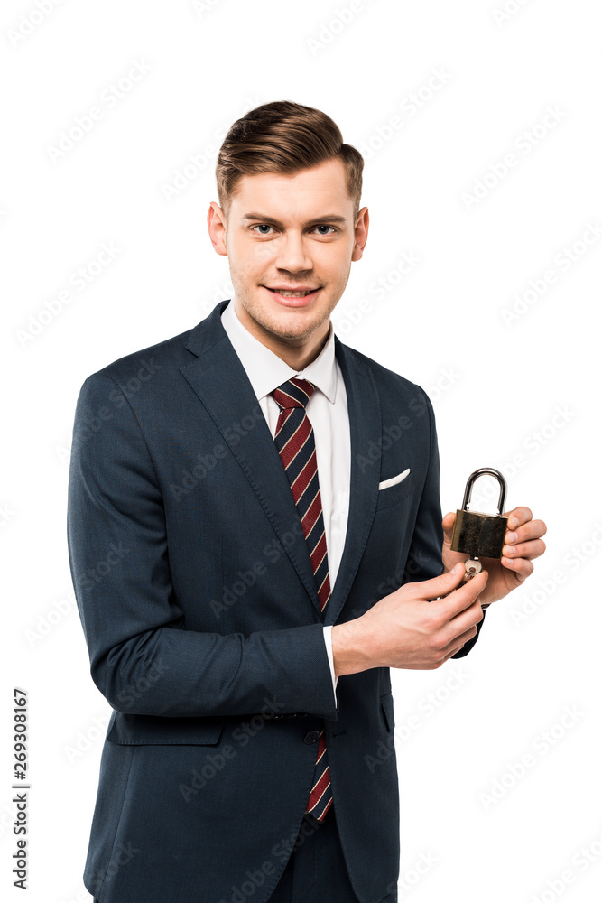 happy businessman holding padlock with keys isolated on white happy businessman holding padlock with keys isolated on white