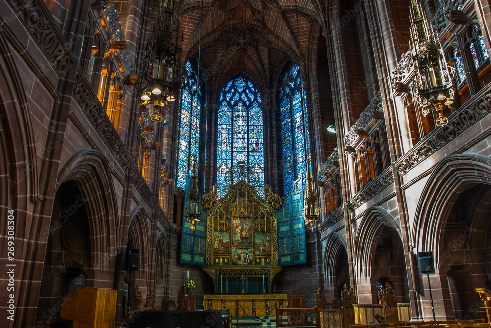 the ornate stained glass over the altar at Liverpool Anglican Cathedral.