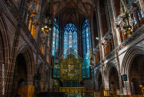 the ornate stained glass over the altar at Liverpool Anglican Cathedral. © num