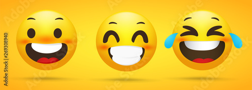 Emoji collection that displays happy emotions. Funny jokes in a yellow background.