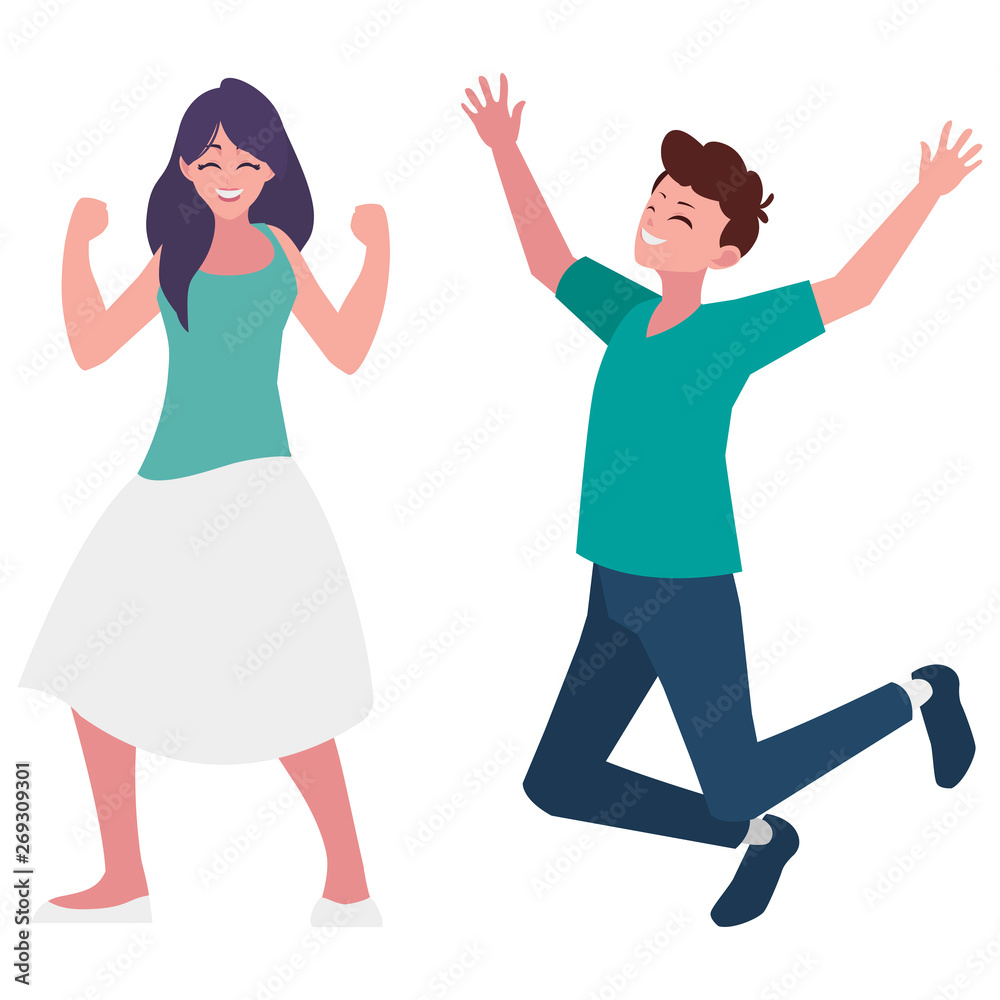 happy young couple celebrating characters happy young couple celebrating characters