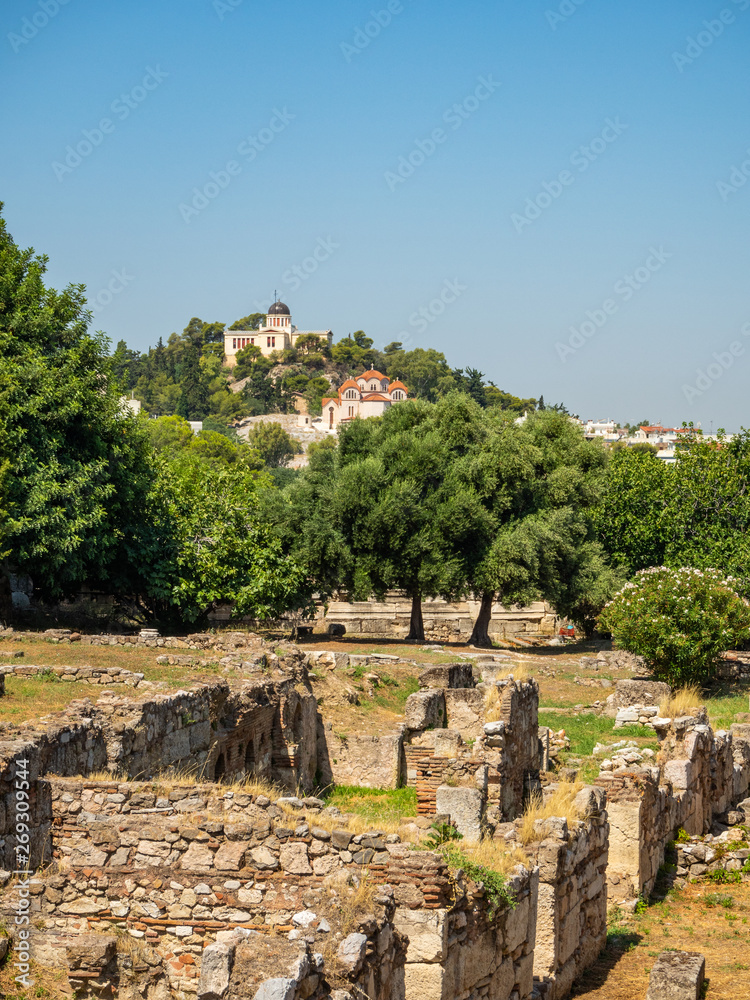 Ancient ruins of buildings in the Roman Agora in Athens, Greece