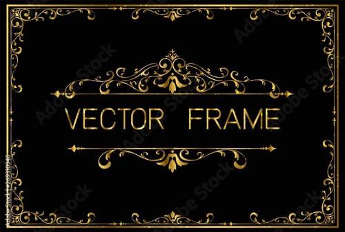 Gold photo frame with Thai style border, line corners. Decoration wood style vector design pattern floral for picture frame