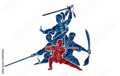 Kung Fu fighter with weapons, Martial arts action pose cartoon graphic vector.