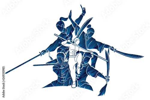 Kung Fu fighter with weapons, Martial arts action pose cartoon graphic vector.