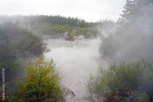 Geothermal fumes over mud pools in the Waiotapu area of the Taupo Volcanic Zone in New Zealand