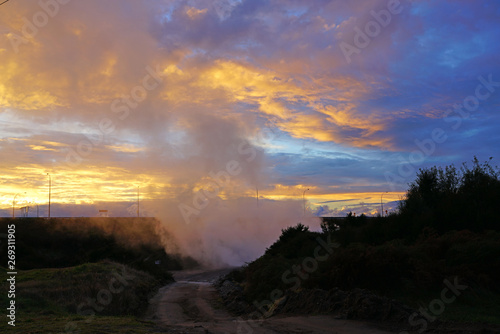 Geothermal fumes at sunset in the Lake Taupo area in New Zealand