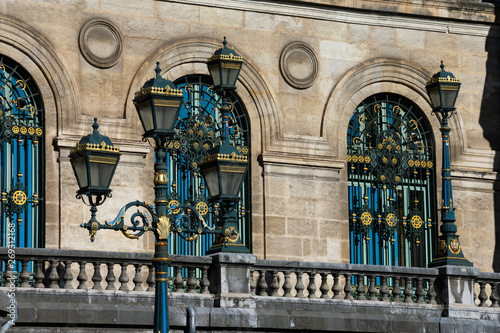 Bilbao City Hall (Casa consistorial - Ayuntamiento). Lamp and windows with golden details. Bilbao, Spain