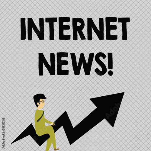 Conceptual hand writing showing Internet News. Concept meaning the information about current events published online Businessman with Eyeglasses Riding Crooked Arrow Pointing Up