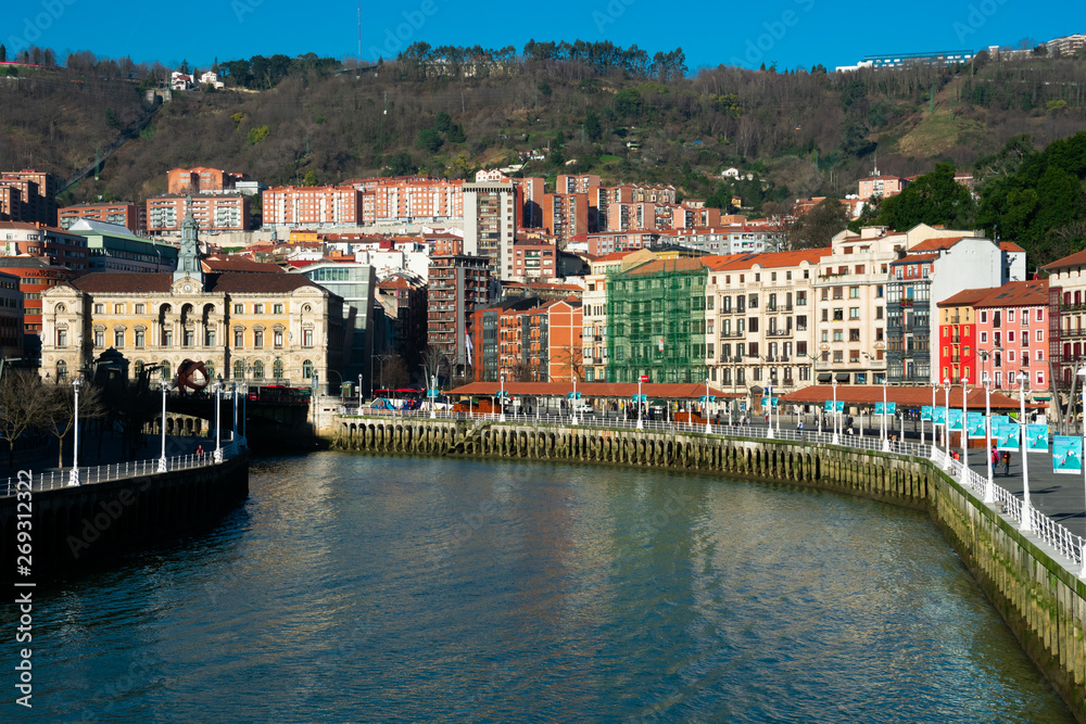 Bilbao, Spain. February 13, 2019. View of Bilbao City, the river and the promenade