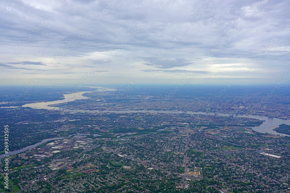 Aerial view of the skyline of the city of Philadelphia and the surrounding areas in Pennsylvania, United States