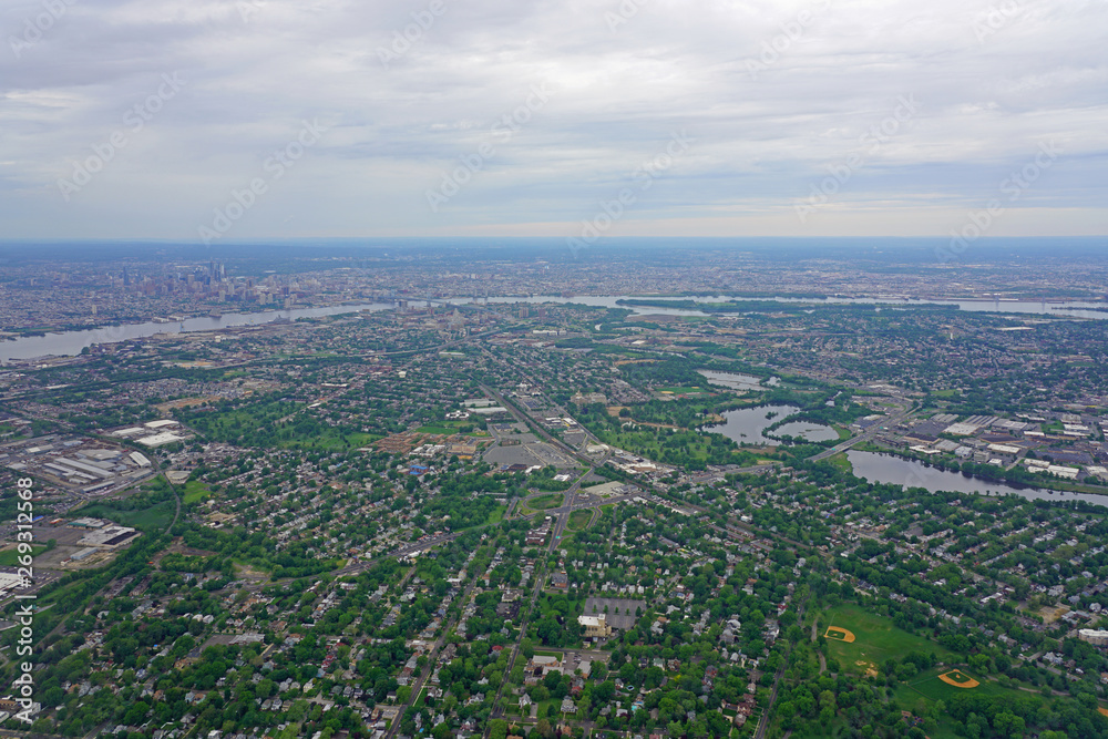 Aerial view of the skyline of the city of Philadelphia and the surrounding areas in Pennsylvania, United States