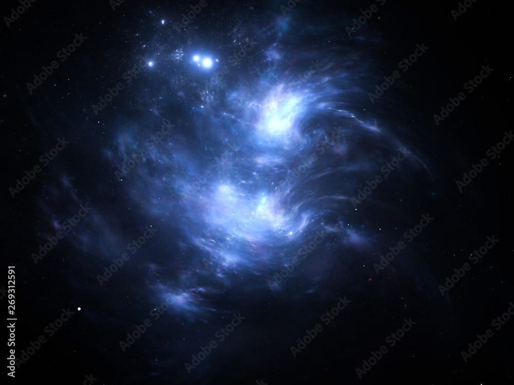 Vast interstellar deep space, starfield, stars and space dust scattered throughout the universe. Cosmic artwork. Distant swirling galaxies, glowing nebula cloud, astral artwork.