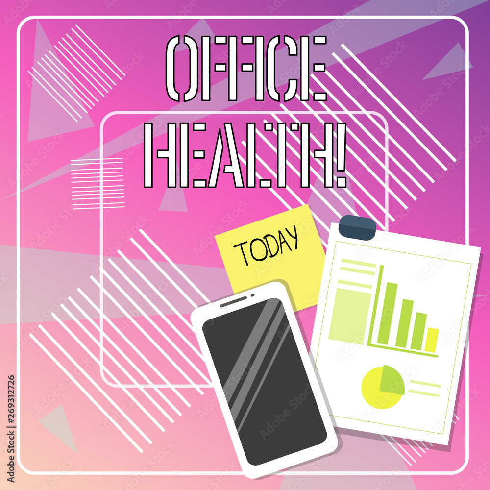 Handwriting text writing Office Health. Conceptual photo improves the overall physical and mental state of employees Layout Smartphone Off Sticky Notes Clipboard with Pie Chart and Bar Graph Handwriting text writing Office Health. Conceptual photo improves the overall physical and mental state of employees Layout Smartphone Off Sticky Notes Clipboard with Pie Chart and Bar Graph