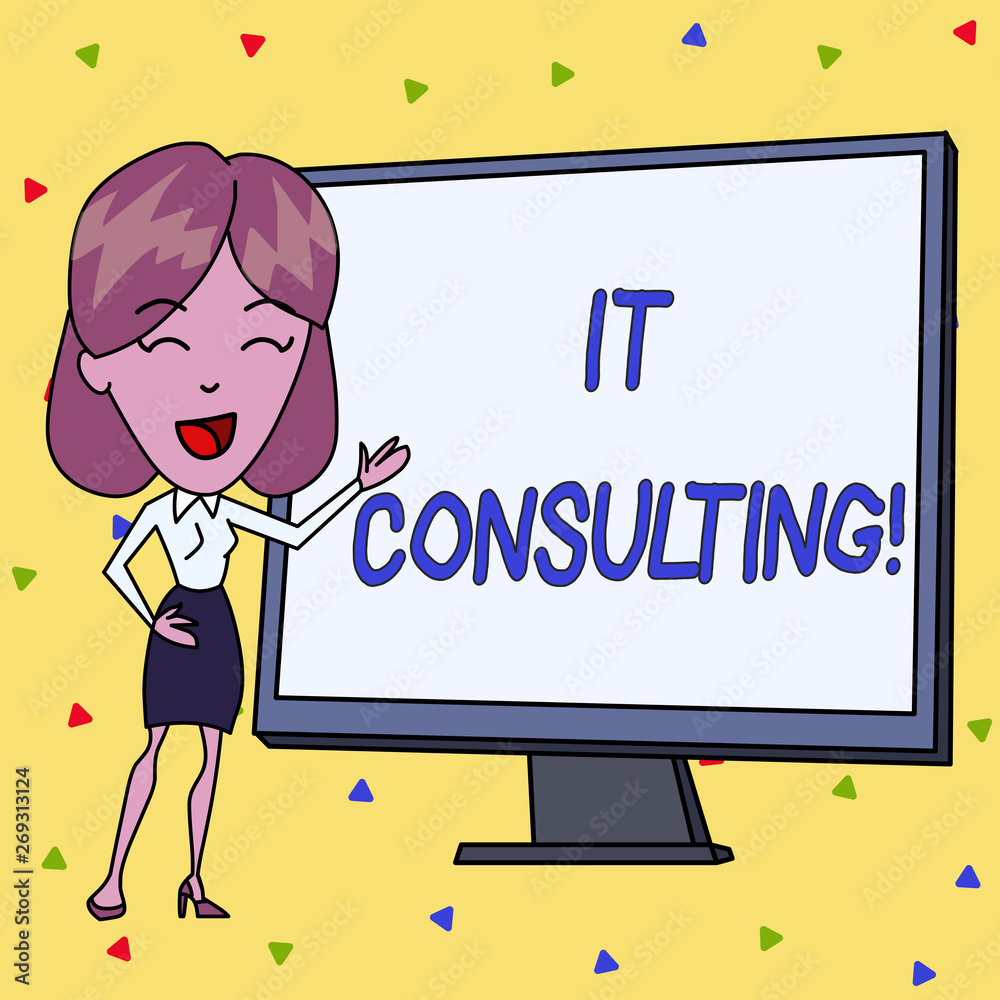 Handwriting text writing It Consulting. Conceptual photo Focuses on advising organizations hot to analysisage their IT White Female in Standing Pointing Blank Screen Whiteboard Presentation Handwriting text writing It Consulting. Conceptual photo Focuses on advising organizations hot to analysisage their IT White Female in Standing Pointing Blank Screen Whiteboard Presentation