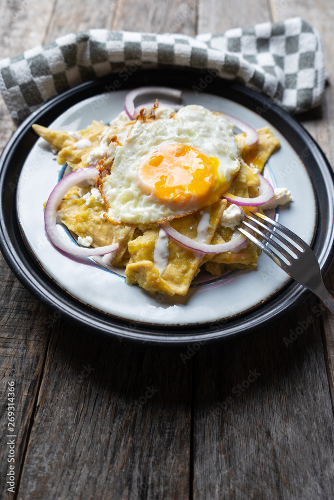 Mexican food: tasty green chilaquiles with fried egg, onion and fresh cheese Mexican food: tasty green chilaquiles with fried egg, onion and fresh cheese