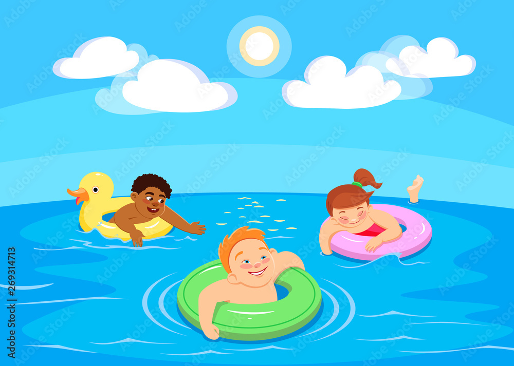 cartoon children characters swim in the sea. Vector cartoon children characters swim in the sea. Vector