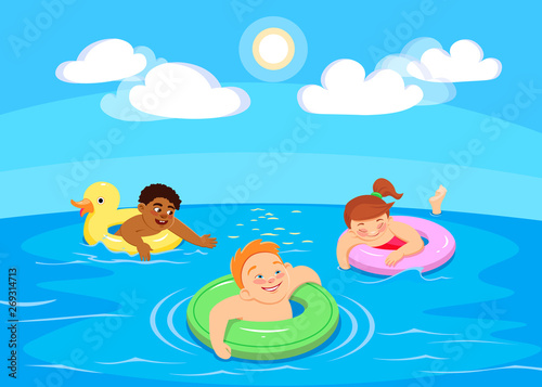 cartoon children characters swim in the sea. Vector
