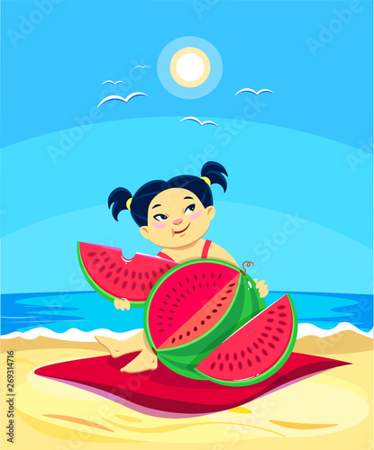 cartoon girl character eat watermelon at a picnic 