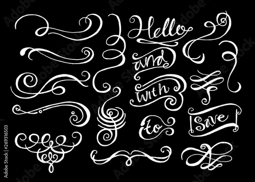 flourish swirl calligraphic set. hand drawn design element, isolated on black background
