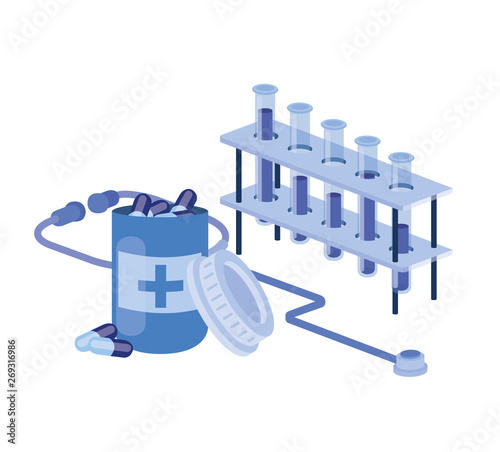 laboratory instruments with medicines in white background