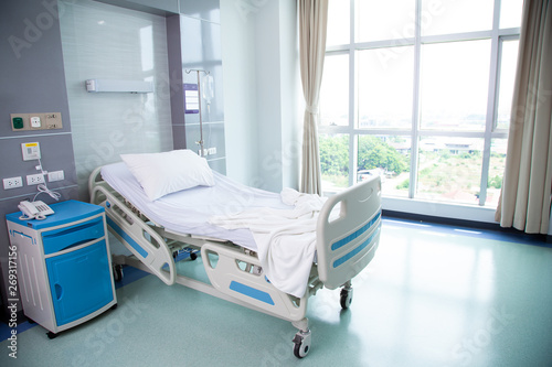 Recovery Room with beds and comfortable medical. Interior of an empty hospital room. photo